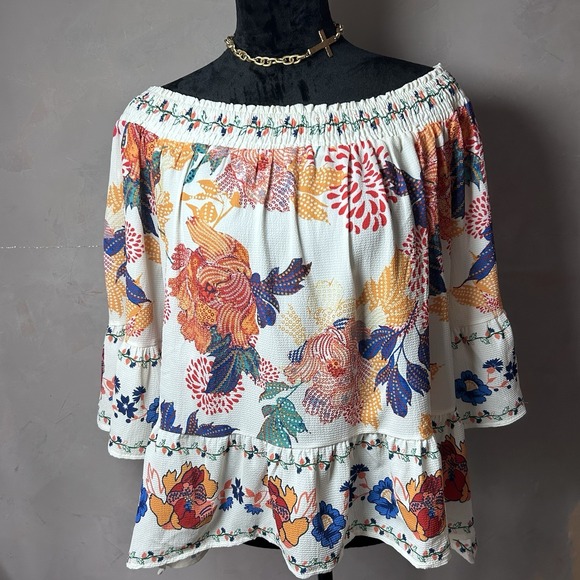 Flying Tomato Off The Shoulders Top Bright Flowers Sz S Orange & Blue Blouse Hip - Picture 1 of 6